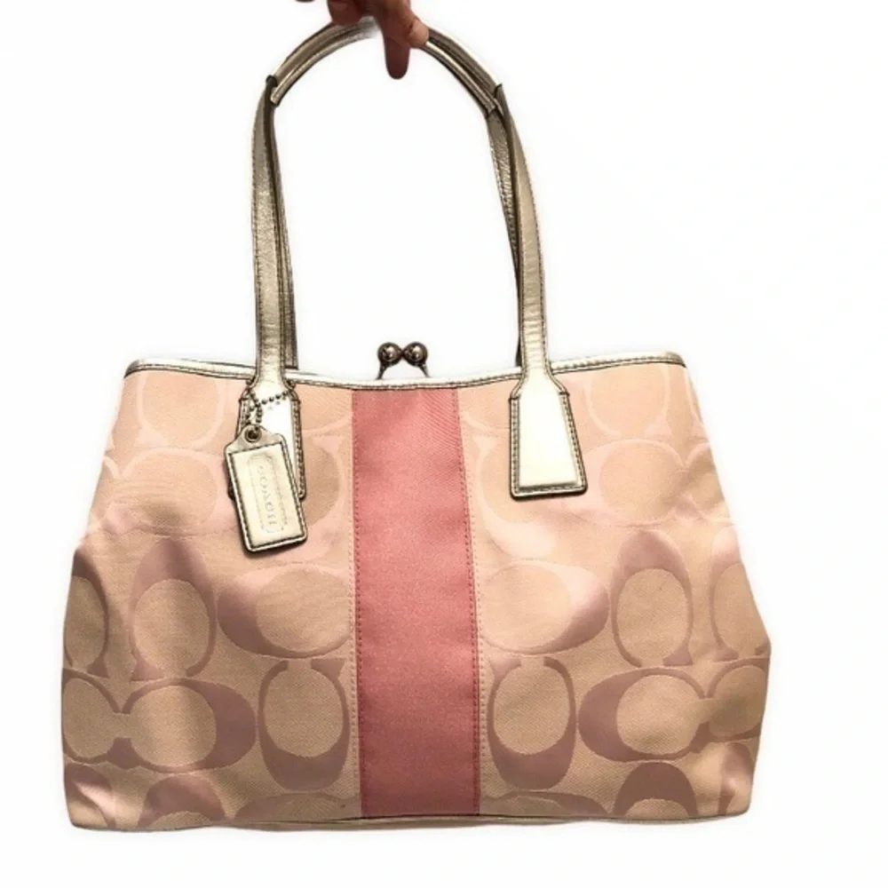 Coach f13553 y2k pink signature silver leather kisslock striped tote bag